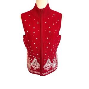 Talbots Women's Sz Medium Merino Wool Holiday Snowman Sweater Vest Zipper Red